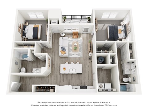Floor plan for 2 beds, 2 baths, 1194 sqft